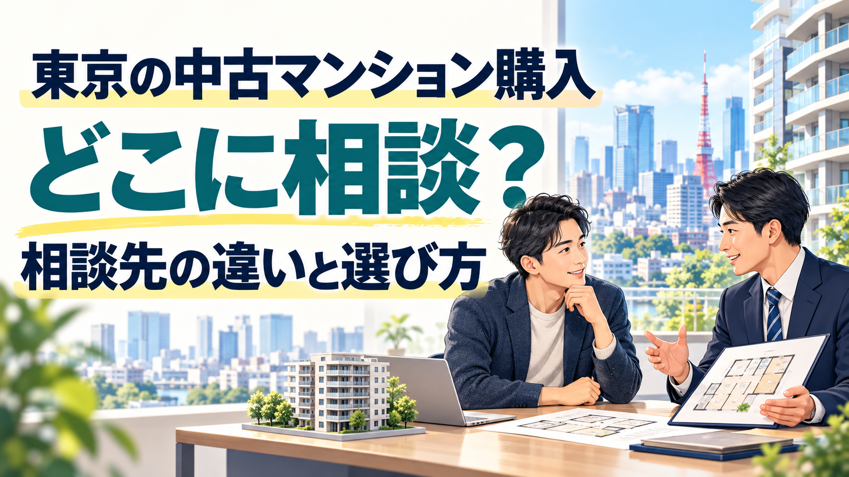 東京の中古マンション購入の相談先の違いと選び方。男性が不動産担当者と間取り図を見ながら相談する様子。