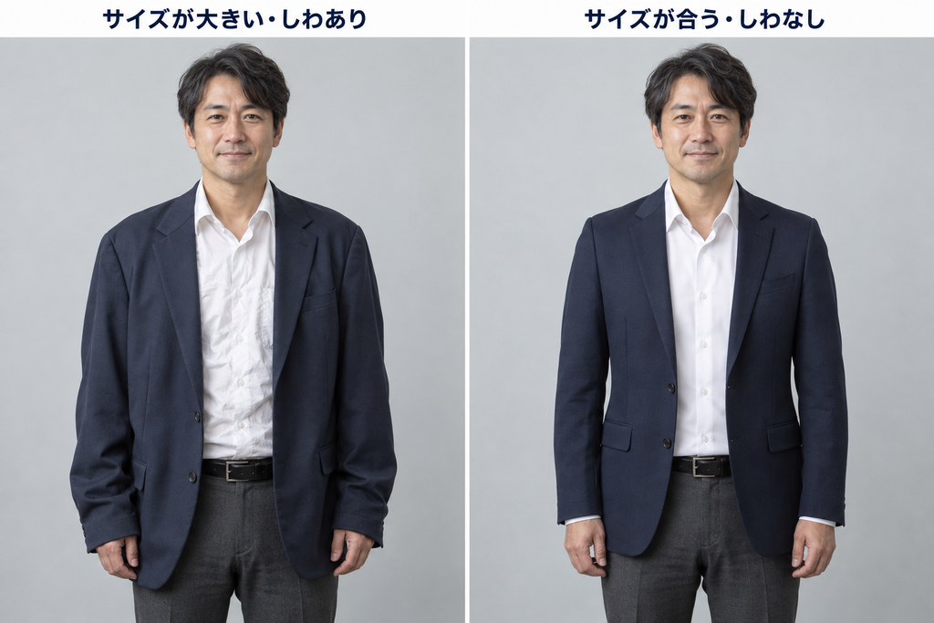同じ40代男性で、大きすぎるジャケットとしわのあるシャツ姿を、サイズの合うジャケットと整えたシャツ姿と比較した画像