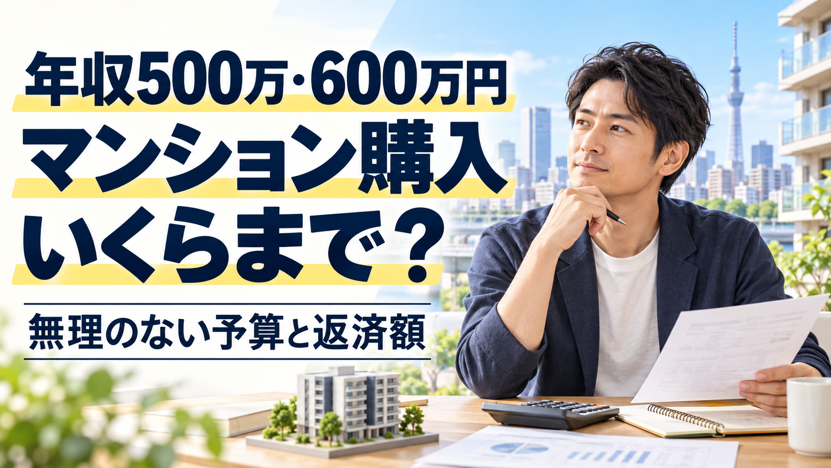年収500万・600万円でのマンション購入予算と返済額を考える男性