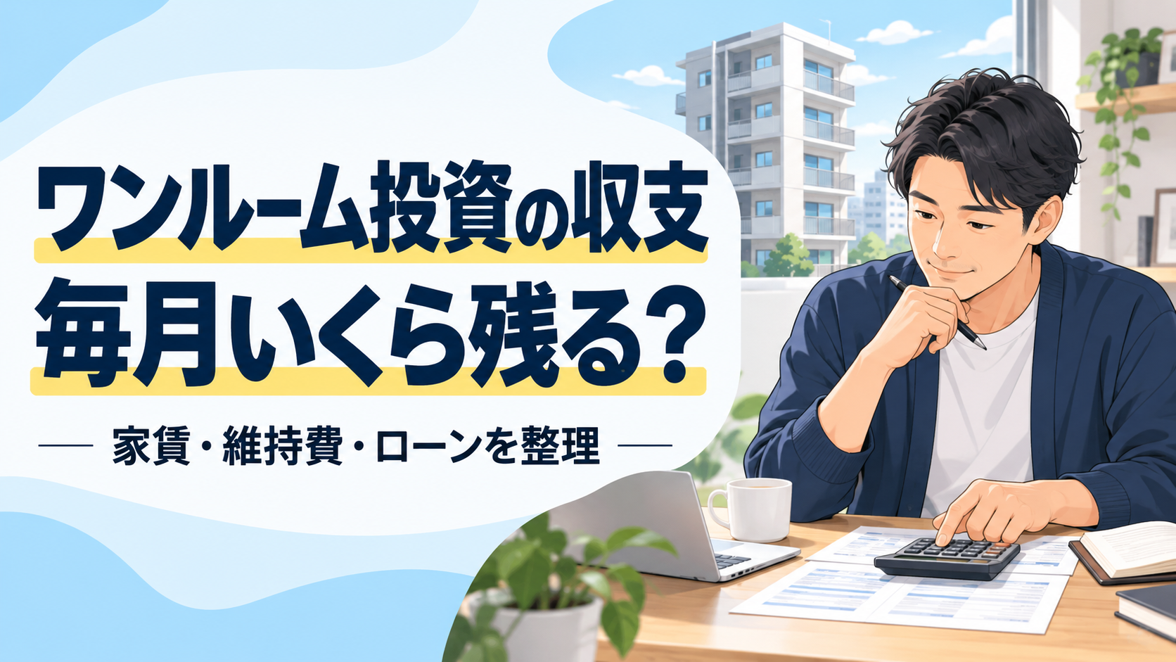 ワンルームマンション投資の収支を電卓と資料で確認する男性
