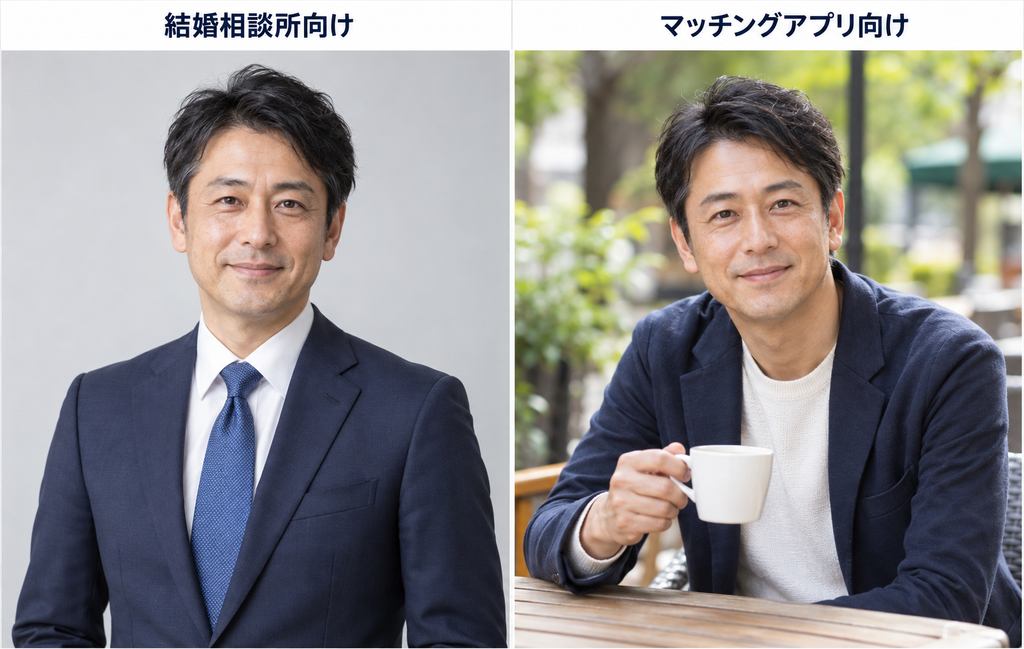 同じ40代男性の、結婚相談所向けのスーツ姿と、マッチングアプリ向けのカフェでの自然な写真を比較したイメージ