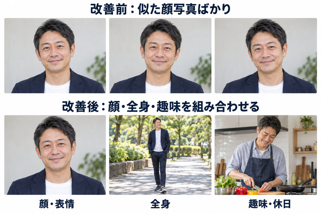 似た顔写真だけの掲載例と、顔・全身・趣味の写真を組み合わせた掲載例を比較した画像