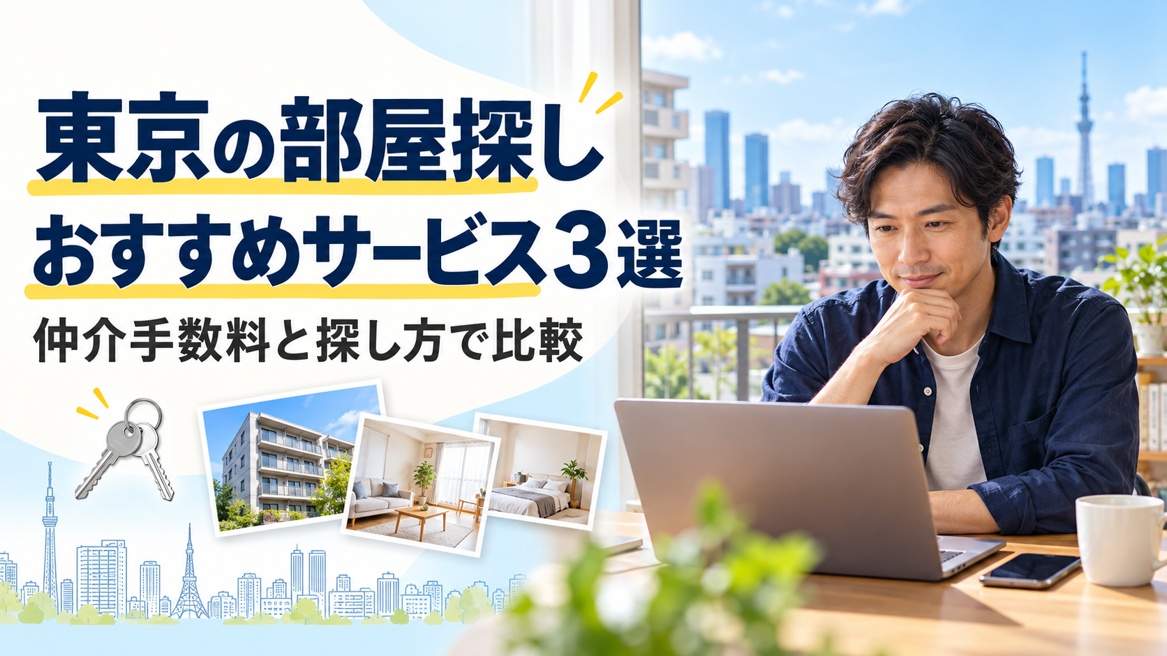 東京の賃貸物件をパソコンで探す男性と、部屋探しサービス３選の比較案内