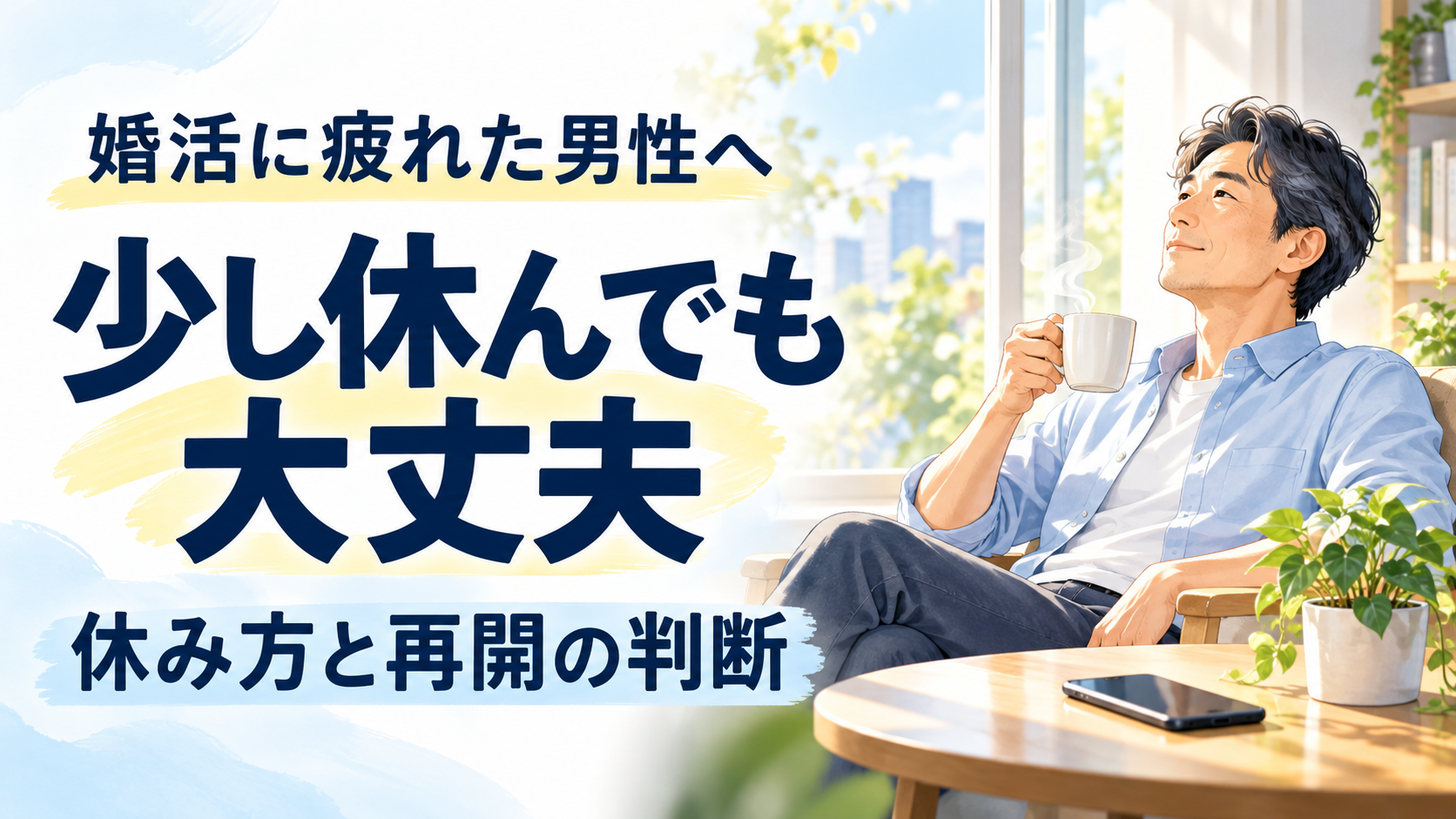 婚活に疲れた40代男性が窓辺でひと息つくイラスト