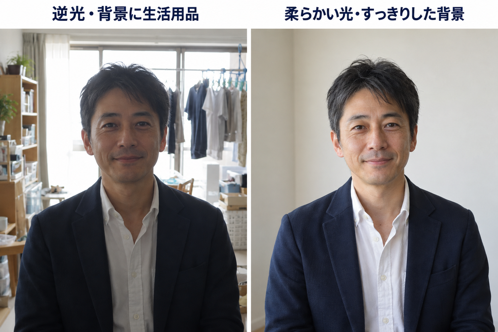 同じ40代男性を、逆光で生活用品が写る背景と、顔に柔らかい光が当たるすっきりした背景で比較した画像