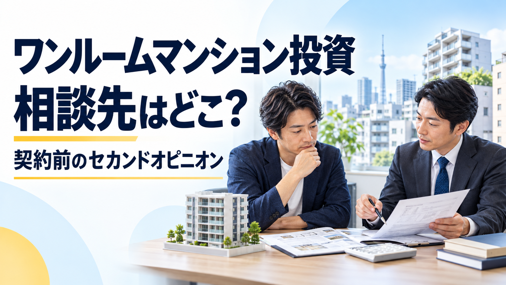 ワンルームマンション投資の契約前に、物件資料を確認しながらセカンドオピニオンを受ける男性