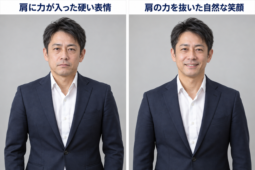 同じ40代男性の、肩に力が入った硬い表情と、肩の力を抜いた自然な笑顔を比較した写真イメージ