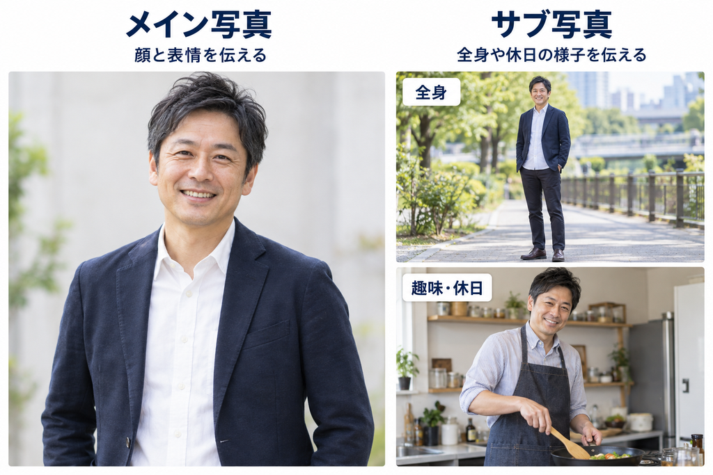 顔と表情を伝えるメイン写真と、全身や料理中の様子を伝えるサブ写真の違いを示した画像